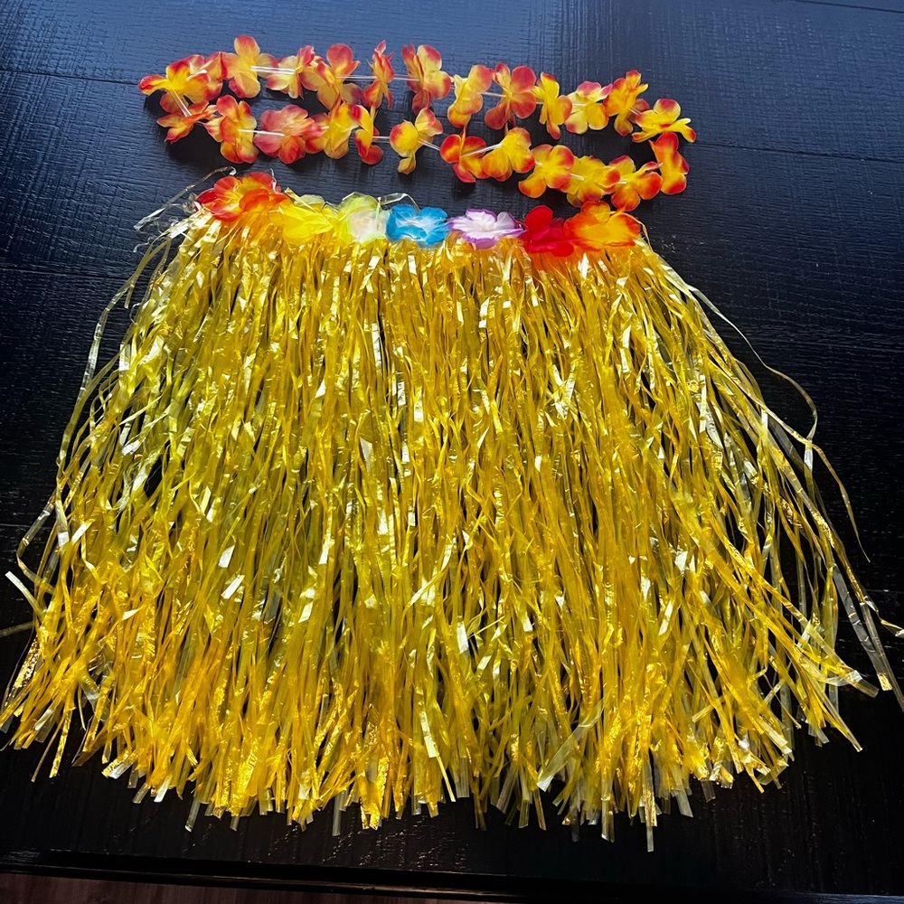 Kids Vibrant Yellow Hula Skirt with Floral Lei